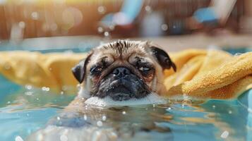 Relaxed pug floating in a pool on a sunny day, surrounded by a vibrant outdoor setting photo