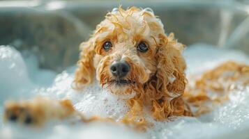Playful dog enjoying a bubbly bath in a bright, cheerful bathroom setting photo