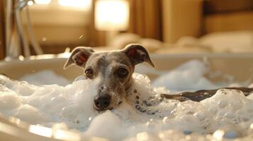 Playful dog enjoying a bubbly bath in a cozy, well-lit bathroom with soft furnishings photo