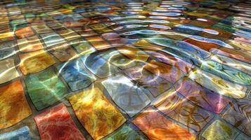 Colorful mosaic tiles submerged in water, creating ripples and reflections, enhancing aesthetics photo