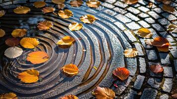 Autumn leaves floating on rippling water, creating circular patterns on cobblestone surface photo