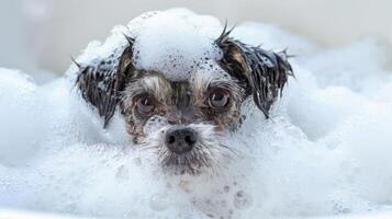 A small dog enjoying a bubbly bath, with foam covering its head, in a bright bathroom setting photo