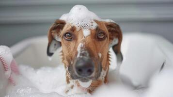 Dog enjoying a bubbly bath in a cozy bathroom with playful bubbles and soft lighting photo