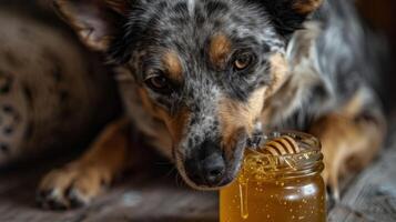 Dog enjoying honey from a jar, cozy indoor setting with soft lighting and rustic decor photo