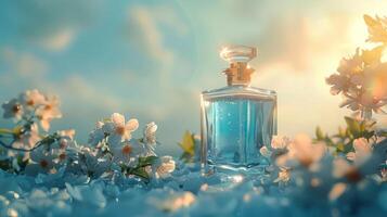 Elegant perfume bottle surrounded by blooming flowers under a serene sky at sunset photo