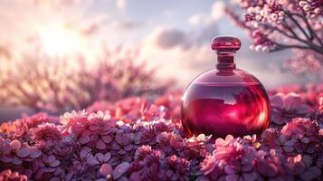 A pink perfume bottle elegantly placed among blooming cherry blossoms at sunset, creating a serene atmosphere photo