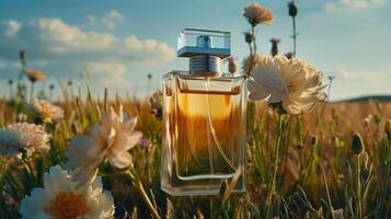 Elegant perfume bottle surrounded by blooming flowers in a sunlit field during golden hour photo