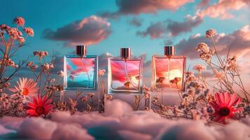 Three elegant perfume bottles surrounded by flowers and clouds at sunset, evoking tranquility photo