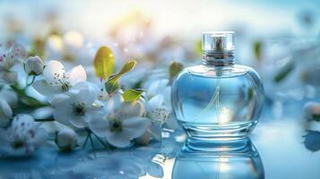 Elegant perfume bottle surrounded by blooming flowers, reflecting soft sunlight in a serene setting photo