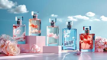 Colorful perfume bottles with floral designs against a bright sky, creating a serene atmosphere photo