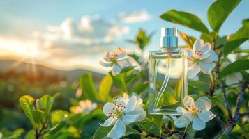 Elegant perfume bottle surrounded by blooming flowers at sunset in a serene outdoor setting photo