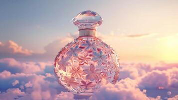Elegant floral perfume bottle resting on soft clouds at sunset, creating a dreamy atmosphere photo