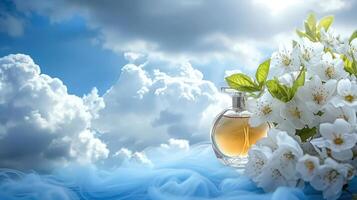 Elegant perfume bottle surrounded by blooming flowers and soft clouds, evoking tranquility and beauty photo