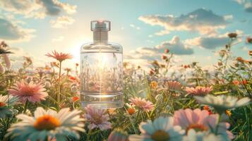 Glass bottle surrounded by vibrant flowers at sunset, highlighting nature's beauty and tranquility photo