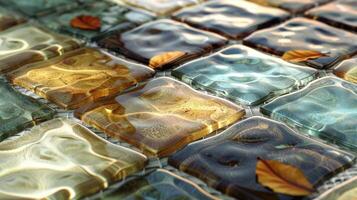 Colorful glass tiles with autumn leaves floating on water, creating a serene and reflective scene photo