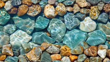 Colorful collection of smooth stones submerged in clear water, creating a serene aquatic scene photo