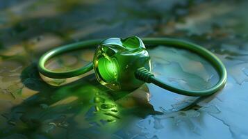 A glowing green cube connected by a cable lies on a textured surface with natural light filtering through photo