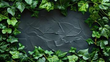 Lush green ivy leaves framing a textured dark surface with subtle markings, ideal for nature-themed designs photo
