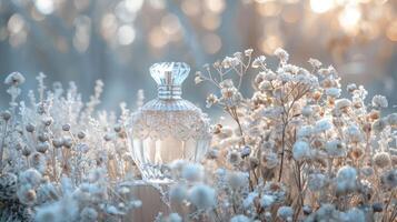 Crystal perfume bottle surrounded by frosty flowers in a serene, blurred background at sunrise photo