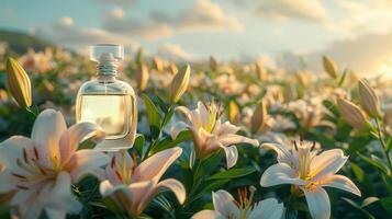 Elegant perfume bottle surrounded by blooming lilies in a sunlit floral field at sunset photo