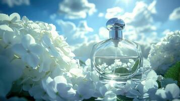 Elegant glass perfume bottle surrounded by white flowers under a bright blue sky photo