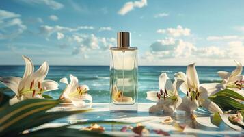 Elegant perfume bottle surrounded by white lilies on a beach with ocean waves and clouds photo
