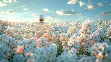 Clear bottle among blooming white flowers under a bright sky with fluffy clouds at sunset photo