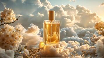 Elegant perfume bottle surrounded by soft clouds and flowers, evoking a dreamy atmosphere photo