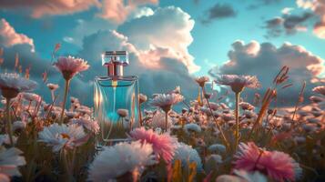 Elegant perfume bottle surrounded by vibrant flowers under a colorful sky at sunset photo