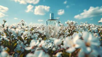 Fragrant glass bottle amidst blooming flowers under a bright blue sky, evoking serenity photo