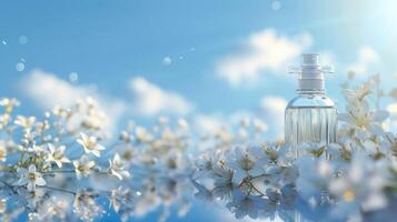 Clear perfume bottle surrounded by blooming white flowers under a bright blue sky photo