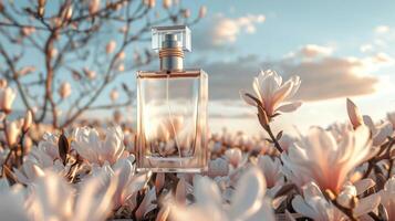 Elegant perfume bottle surrounded by blooming flowers under a serene sunset sky photo