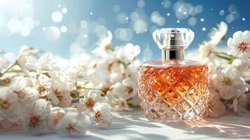 Elegant perfume bottle surrounded by delicate flowers with a soft, dreamy background photo