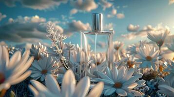 A clear perfume bottle surrounded by white daisies under a bright sky at sunset photo