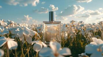 Elegant perfume bottle amidst a blooming flower field under a bright sky at sunset photo