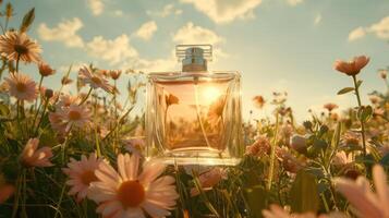 Fragrant perfume bottle glowing in a sunlit flower field during golden hour with clouds photo