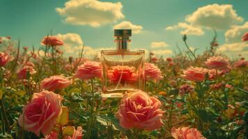 A captivating perfume bottle surrounded by blooming roses in a vibrant field under a blue sky photo