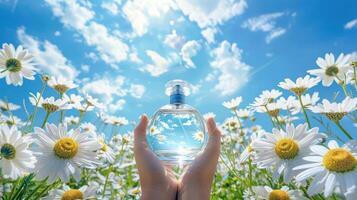 Hands holding a perfume bottle amidst a field of daisies under a bright blue sky photo