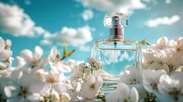 A clear perfume bottle surrounded by blooming white flowers under a bright blue sky photo