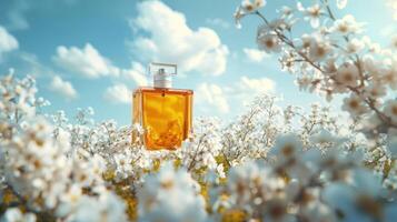 Fragrant perfume bottle surrounded by blooming white flowers under a blue sky photo