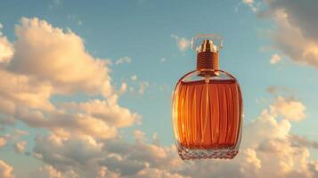 Elegant perfume bottle suspended in a serene sky with fluffy clouds, evoking a sense of luxury photo