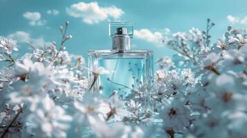 Elegant perfume bottle surrounded by blooming white flowers under a blue sky with clouds photo