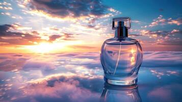 Elegant perfume bottle reflecting sunset over clouds, creating a serene and dreamy atmosphere photo