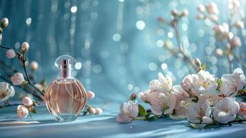 Elegant perfume bottle surrounded by delicate blossoms on a shimmering blue background photo
