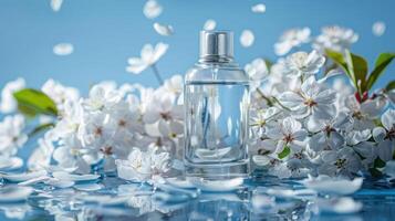 Elegant perfume bottle surrounded by delicate white flowers on a serene blue background photo