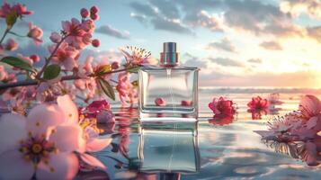 Elegant perfume bottle surrounded by blooming flowers at sunset by the tranquil water's edge photo