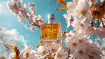 Fragrant perfume bottle surrounded by blooming cherry blossoms under a clear blue sky photo