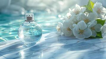 Elegant perfume bottle beside fresh white flowers on a serene marble surface by water photo