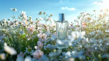 Elegant perfume bottle surrounded by blooming flowers under a bright blue sky in springtime photo