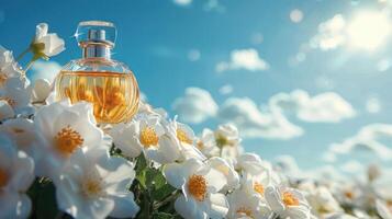 Elegant perfume bottle resting among blooming white flowers under a bright blue sky photo